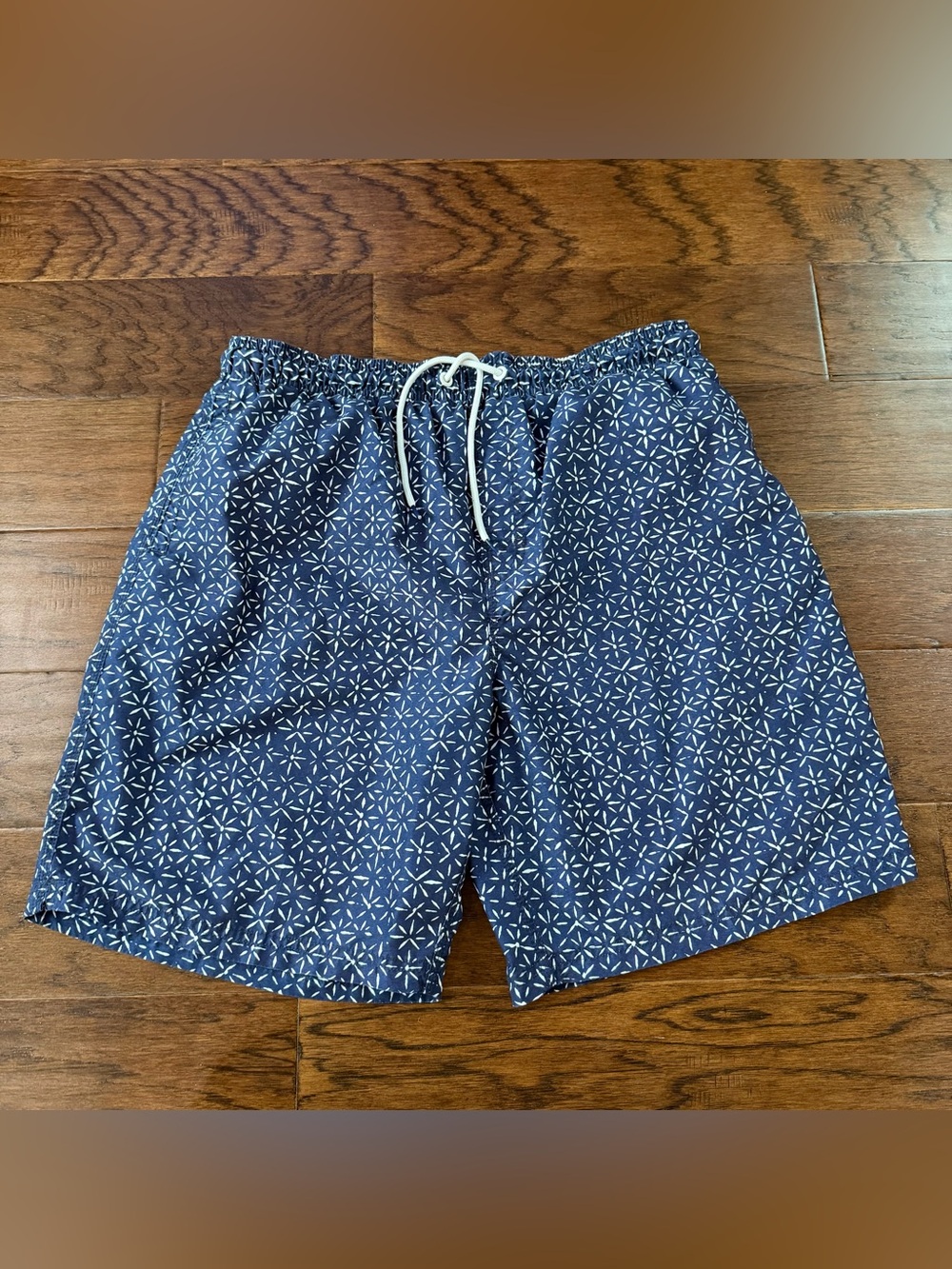 Nat Nast Mens Swim Trunks Blue/White Print Mesh Lined Drawstring Large